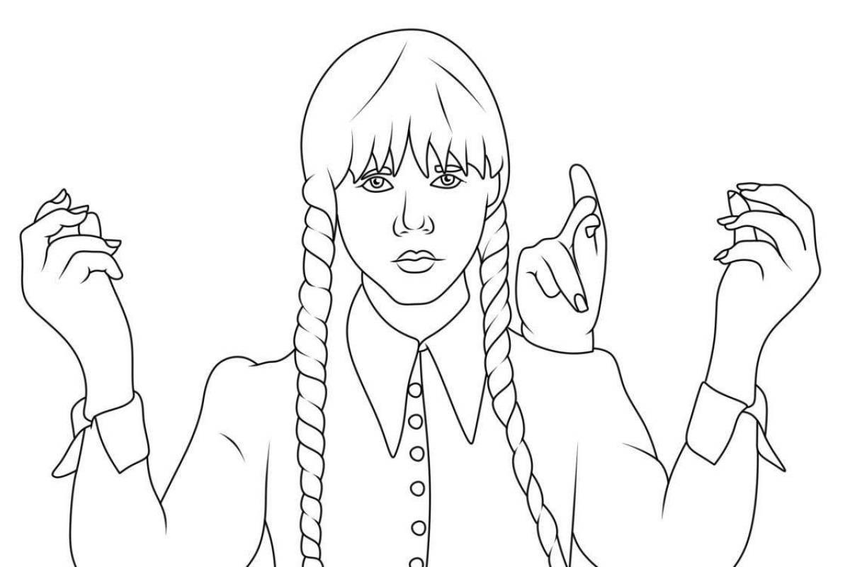 Adorable addams wednesday coloring page from 2022 series