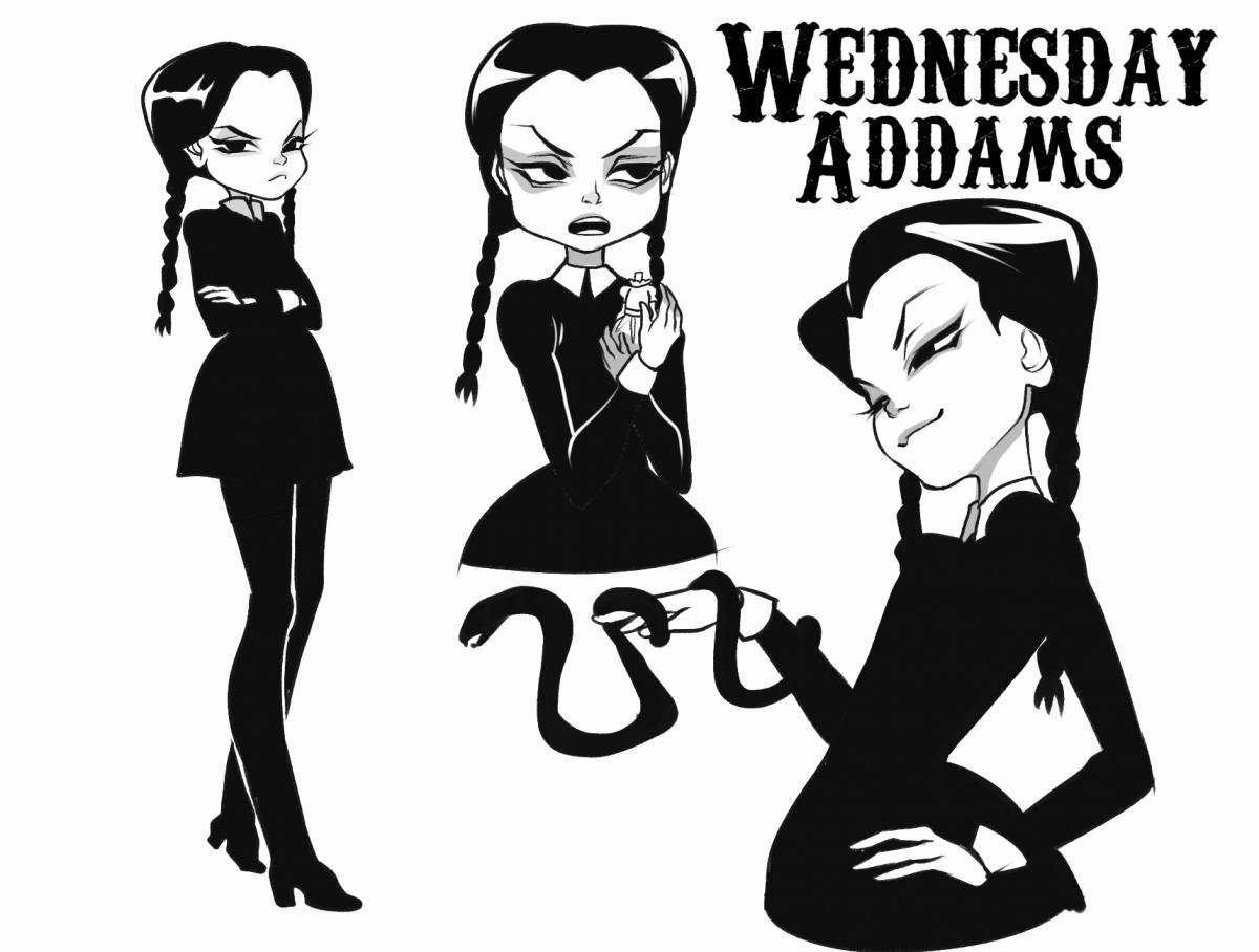 Playful wednesday addams coloring page from 2022 series