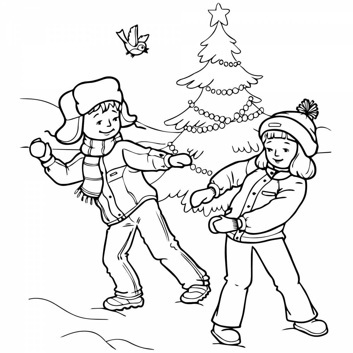 Cheerful coloring of children walking in winter