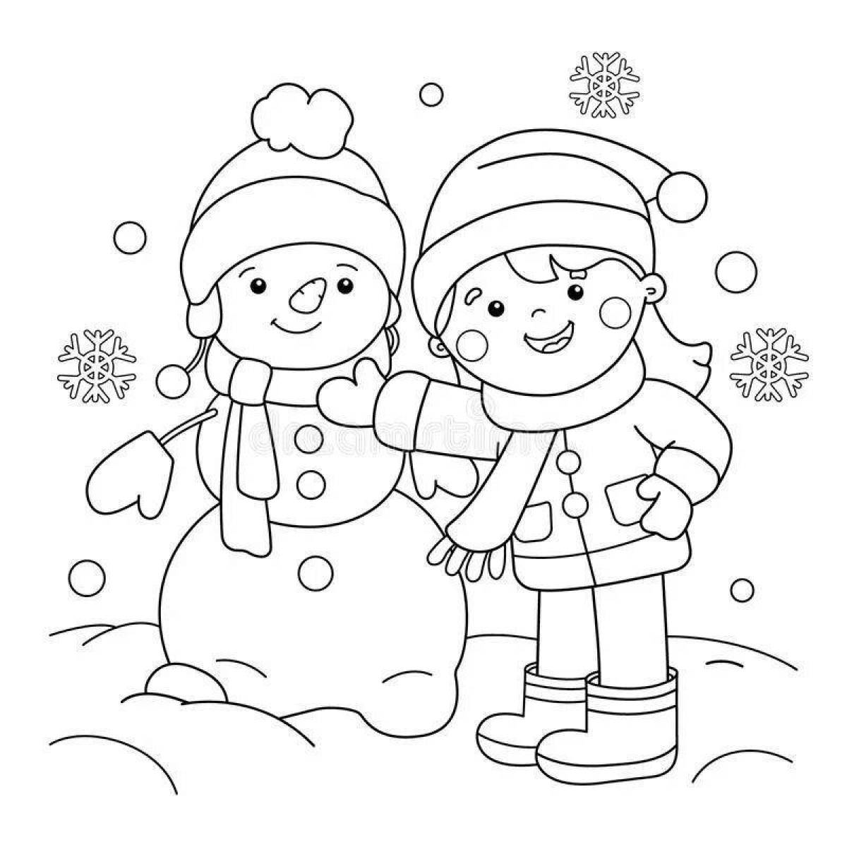 Large coloring book of children walking in winter