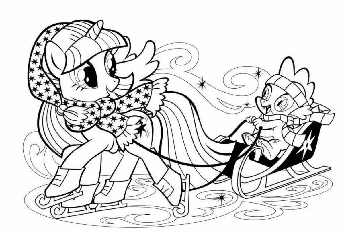 Coloring page live ponies on a sleigh