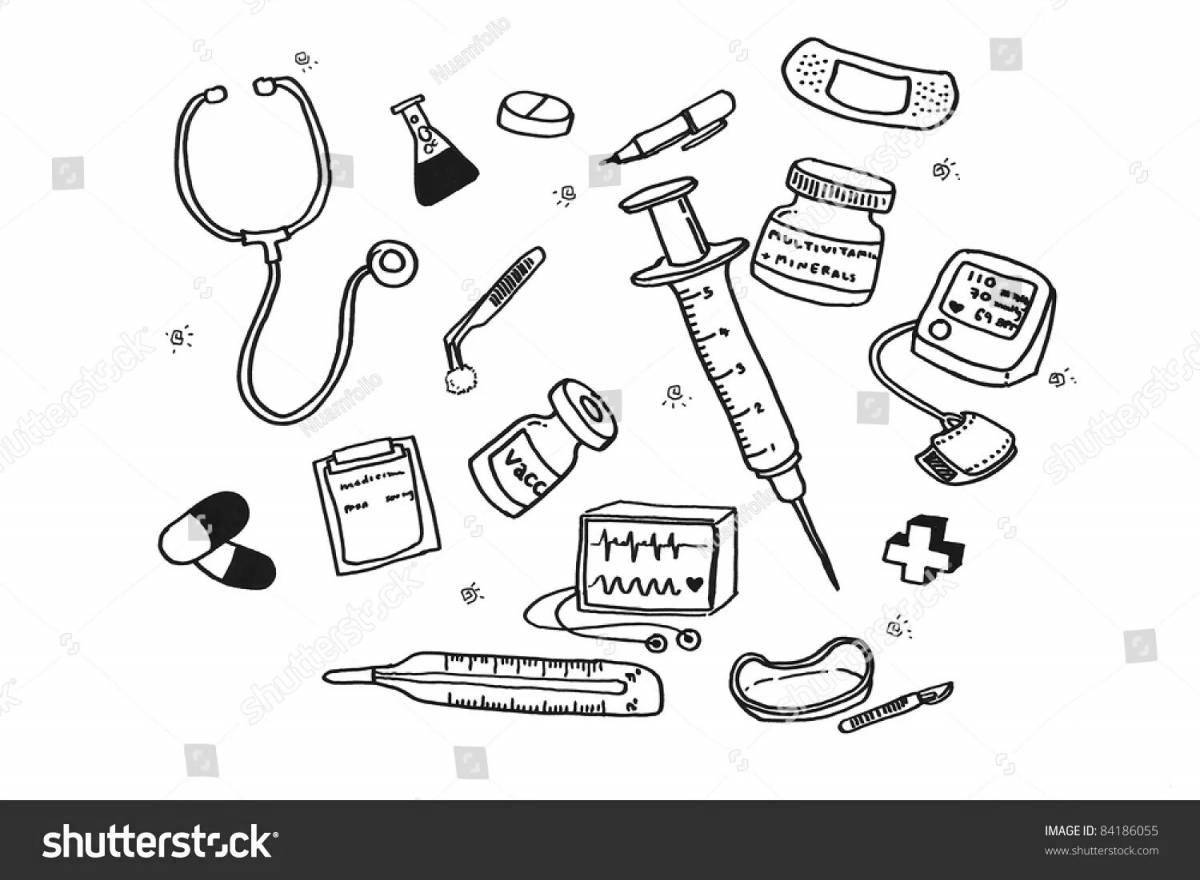 Coloring book colorful doctor's tools