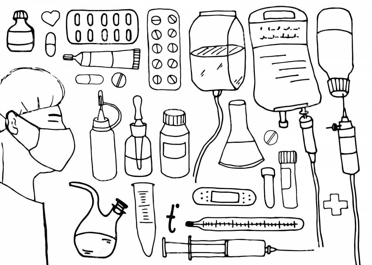 Detailed coloring page of doctor's instruments