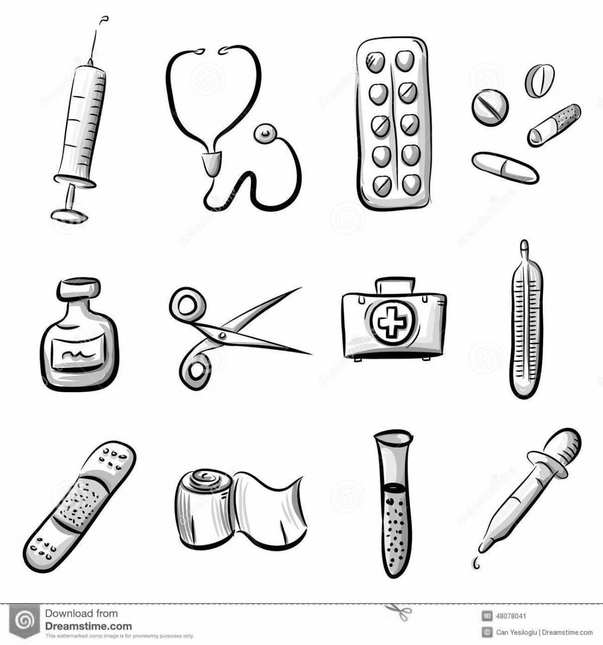 Coloring book doctor's intricate tools