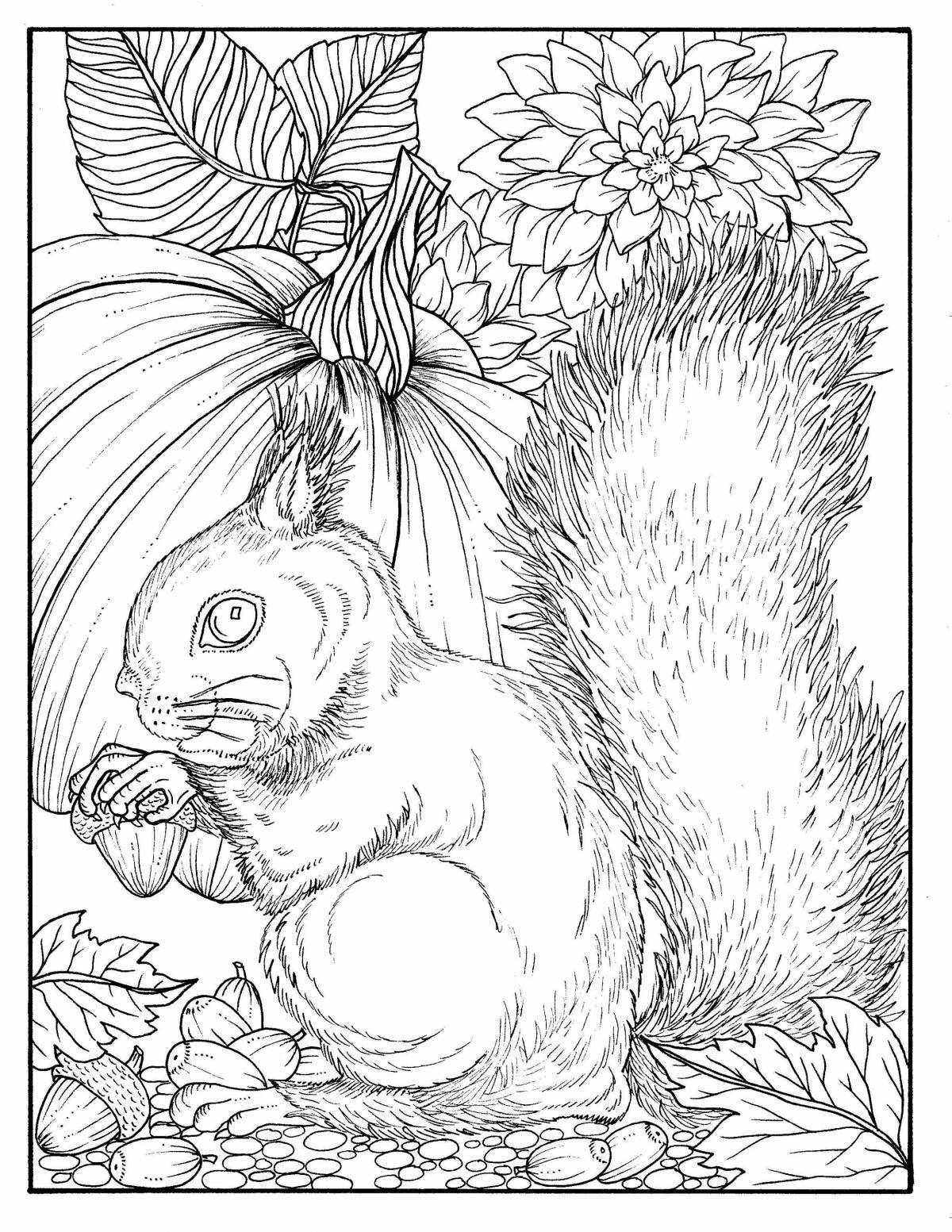 Coloring book playful winter squirrel