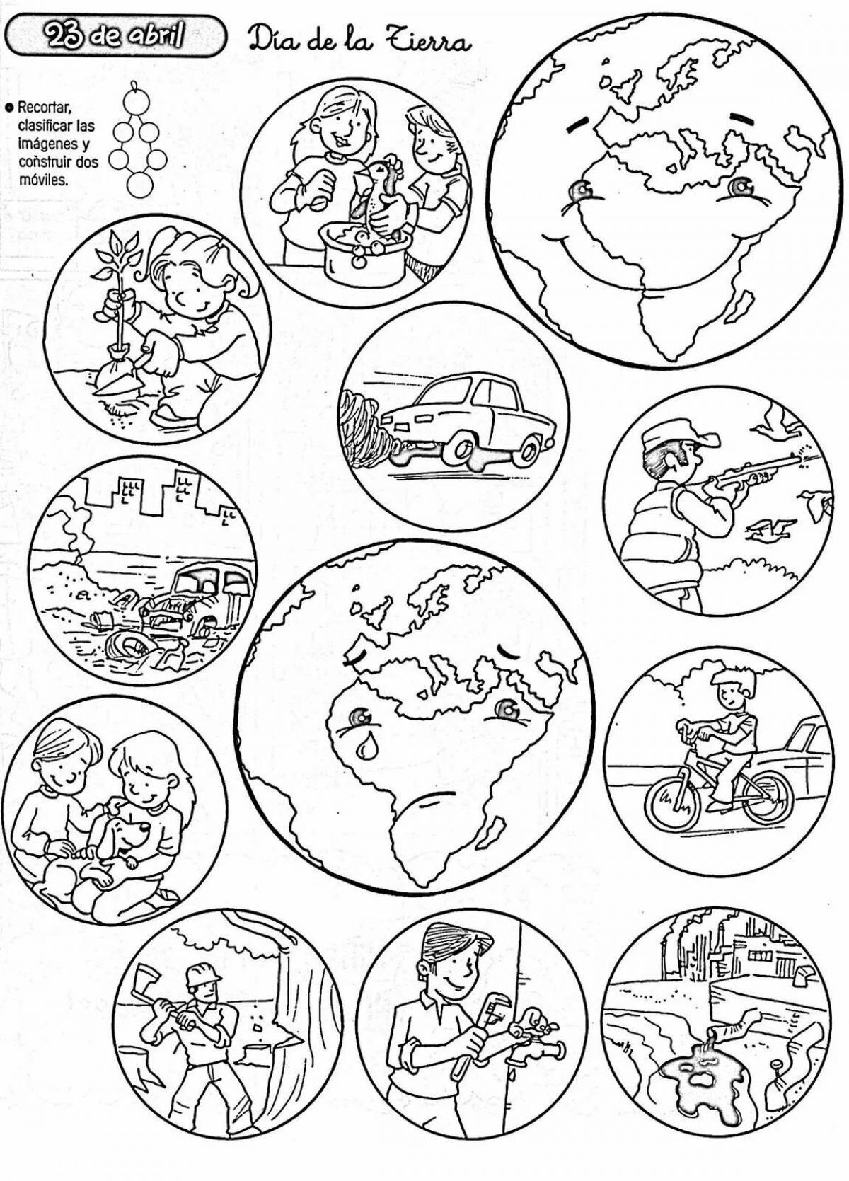 Playful 'take care of nature' coloring page with ecology theme