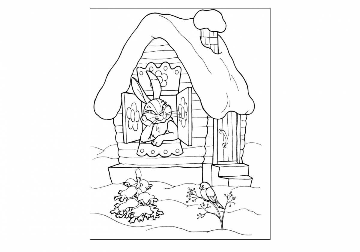 Coloring book glowing hare hut
