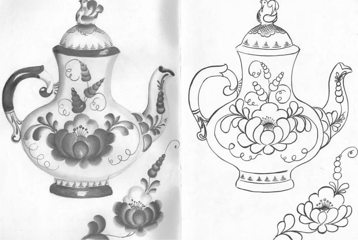 Красочная роспись чайника гжель для детей