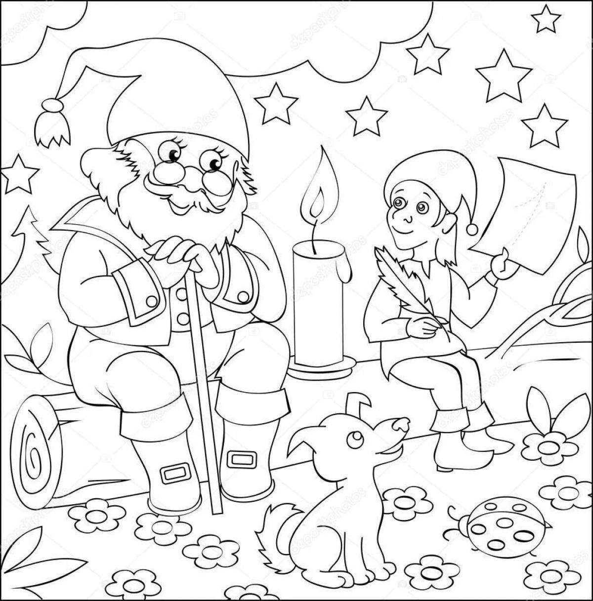 Coloring fairytale dwarf for the new year