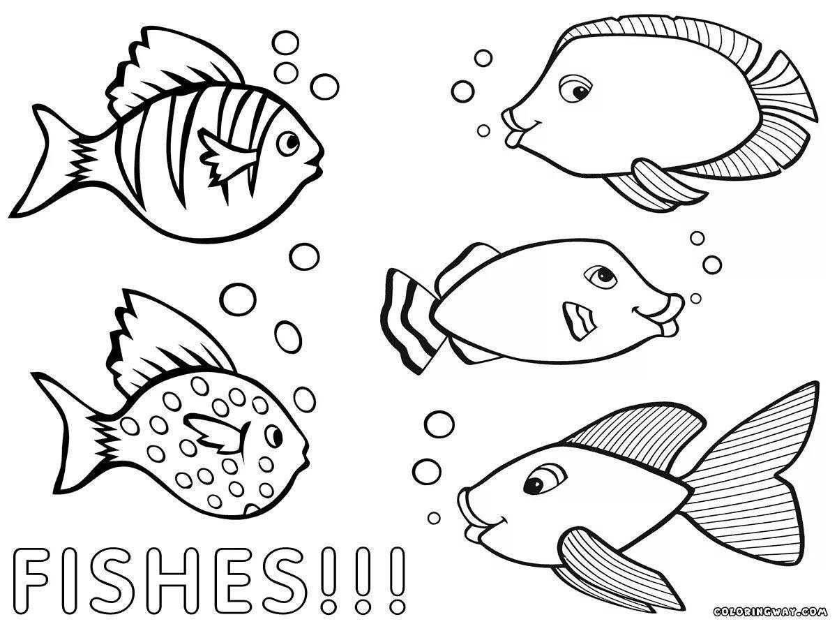 Colorful aquarium fish coloring book with names for kids