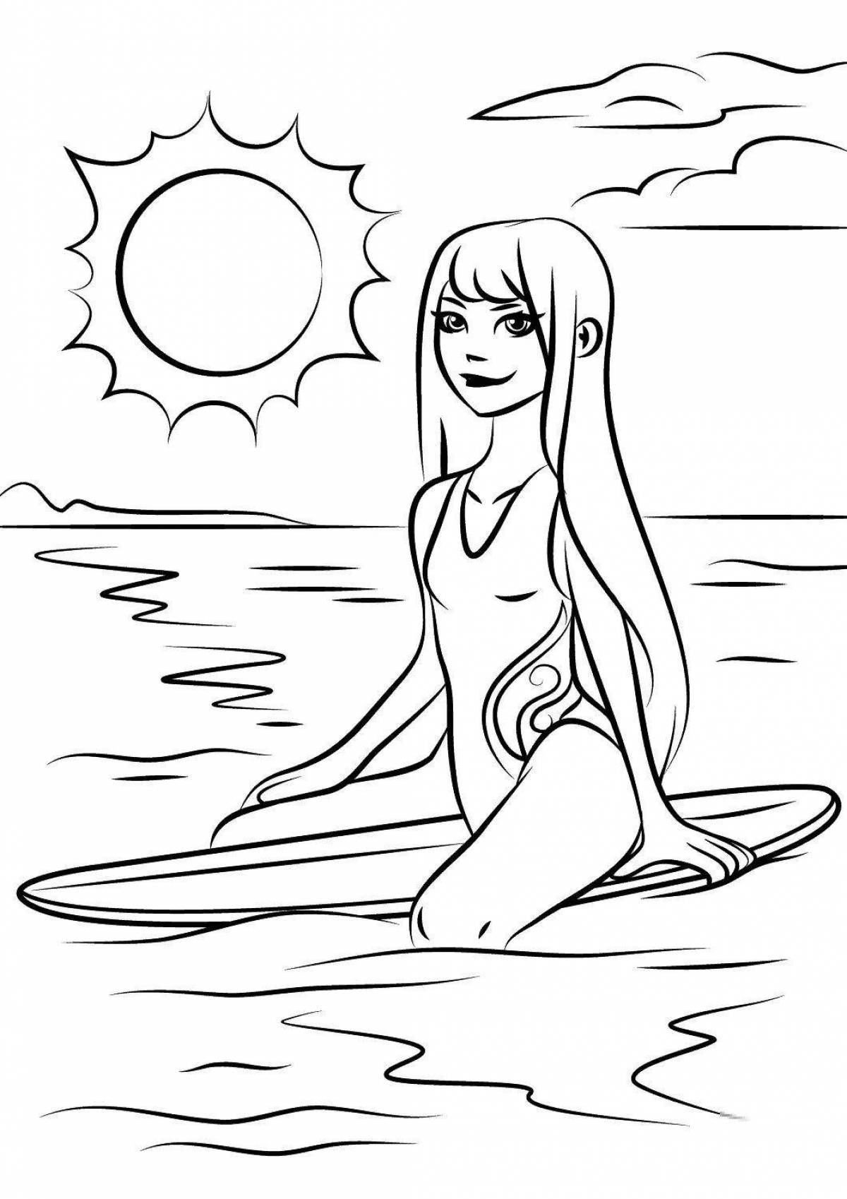 Веселая раскраска девушка на пляже