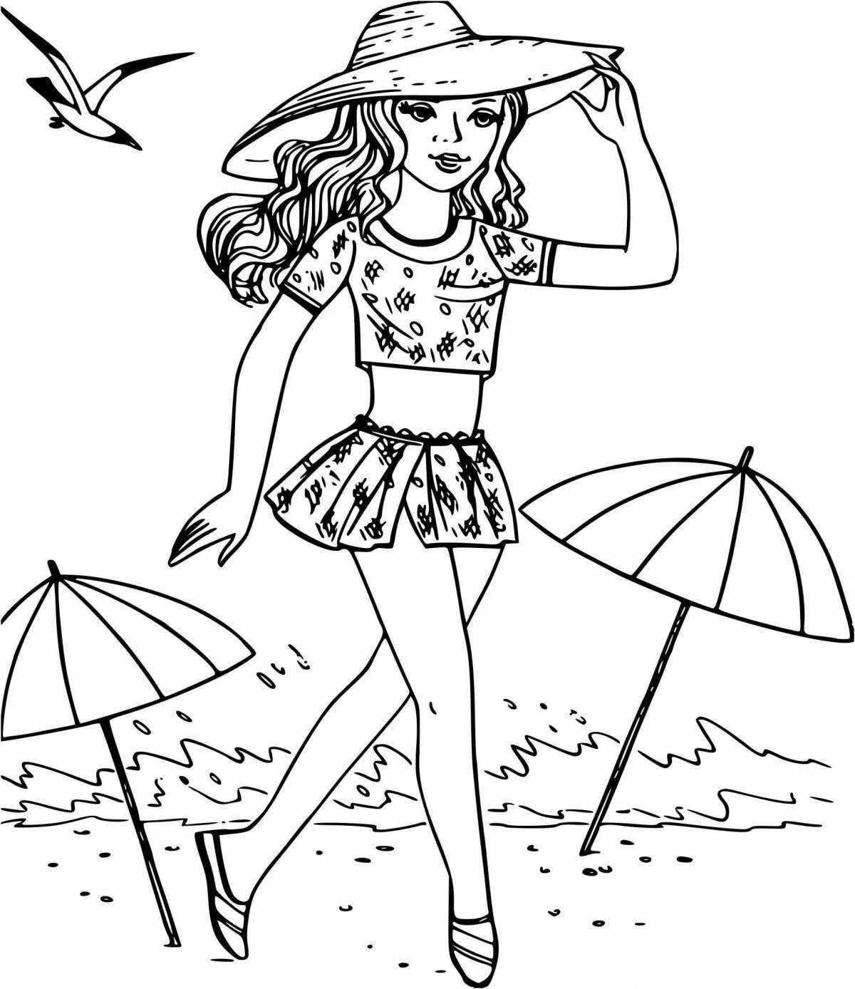 Восторженная раскраска девушка на пляже