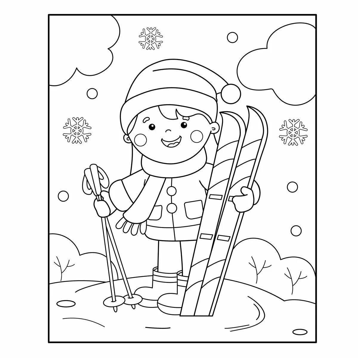 Happy skiing coloring page
