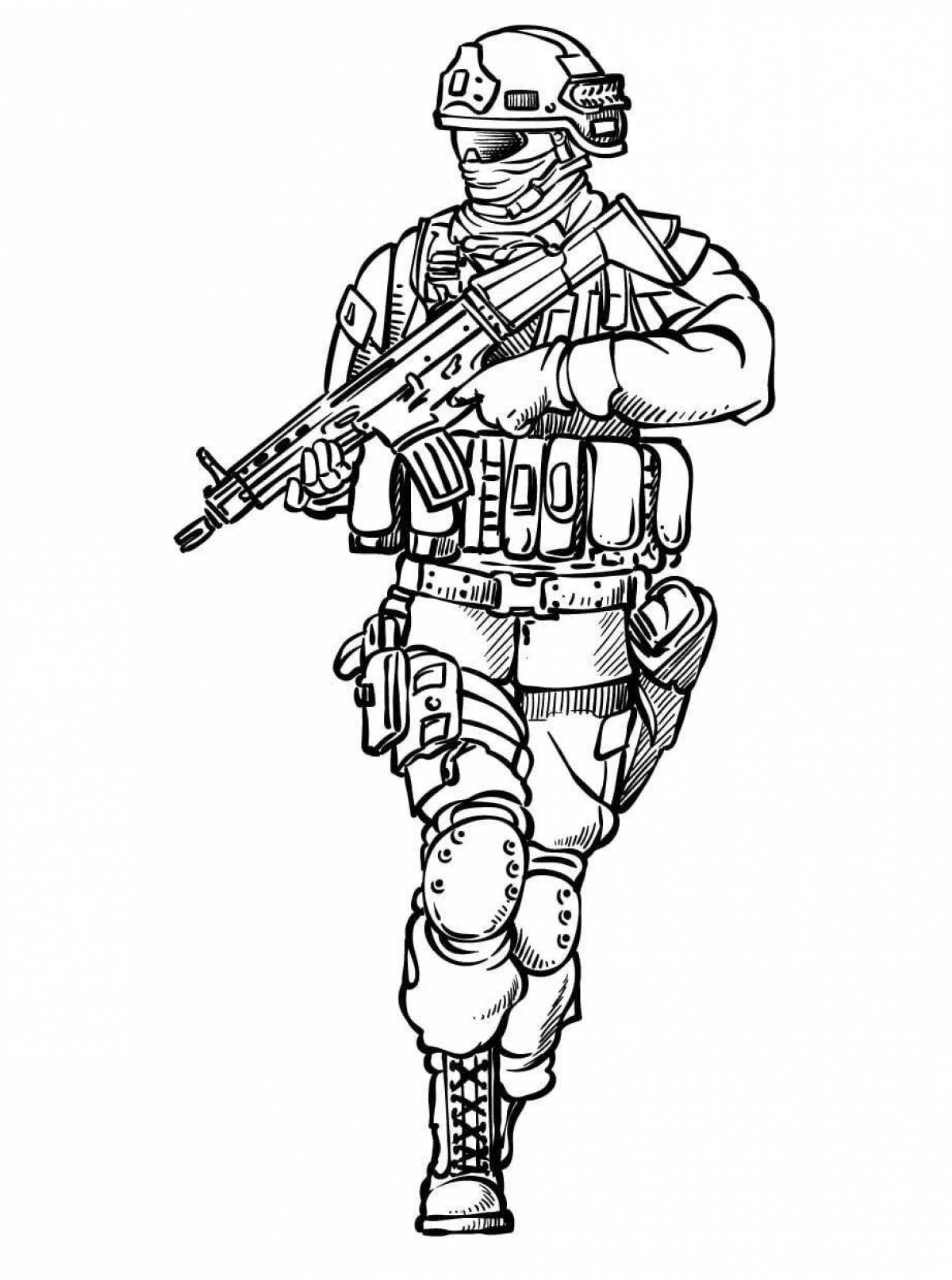 Charming soldier and children's coloring book