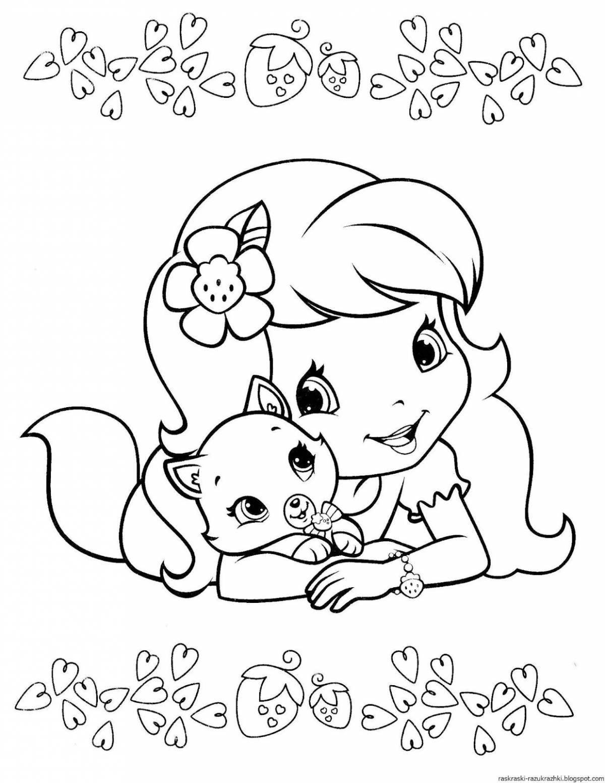 Charming coloring book girl with a cat