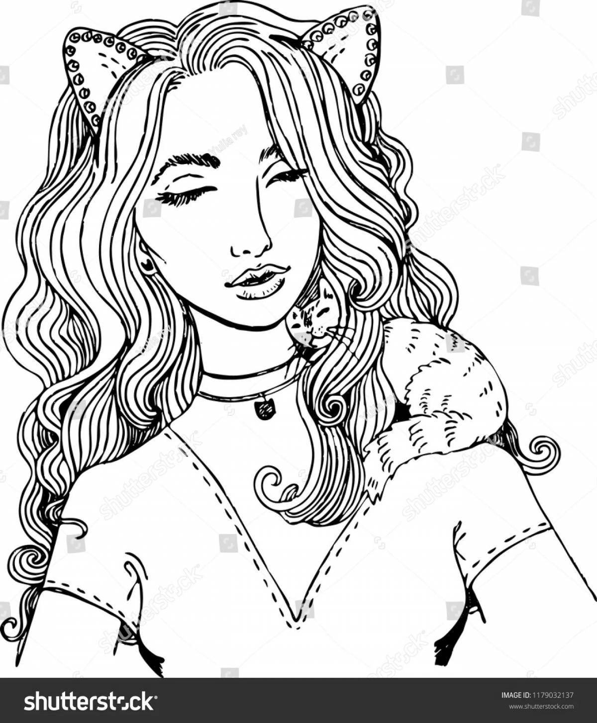 Playful coloring girl with a cat