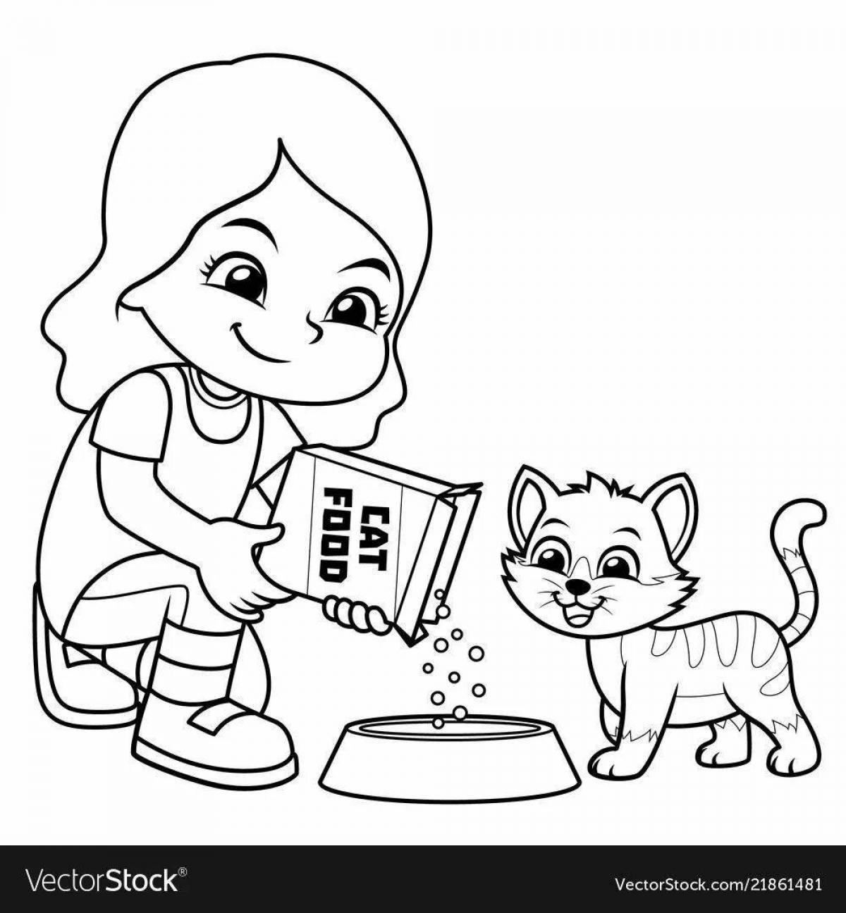 Delightful coloring book girl with a cat