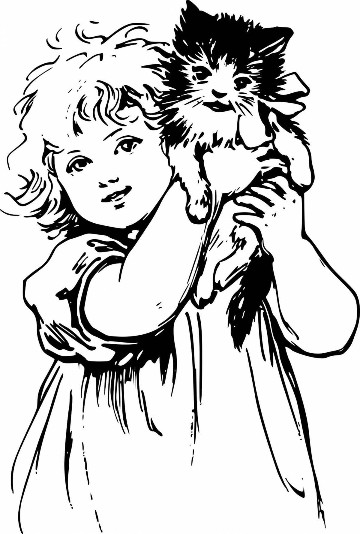 Blissful coloring girl with a cat