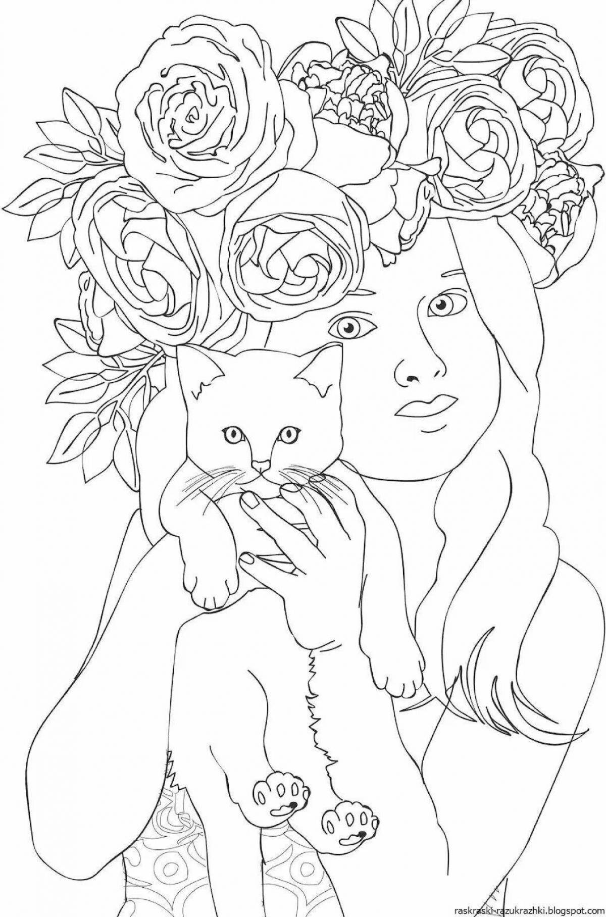 Animated coloring girl with a cat