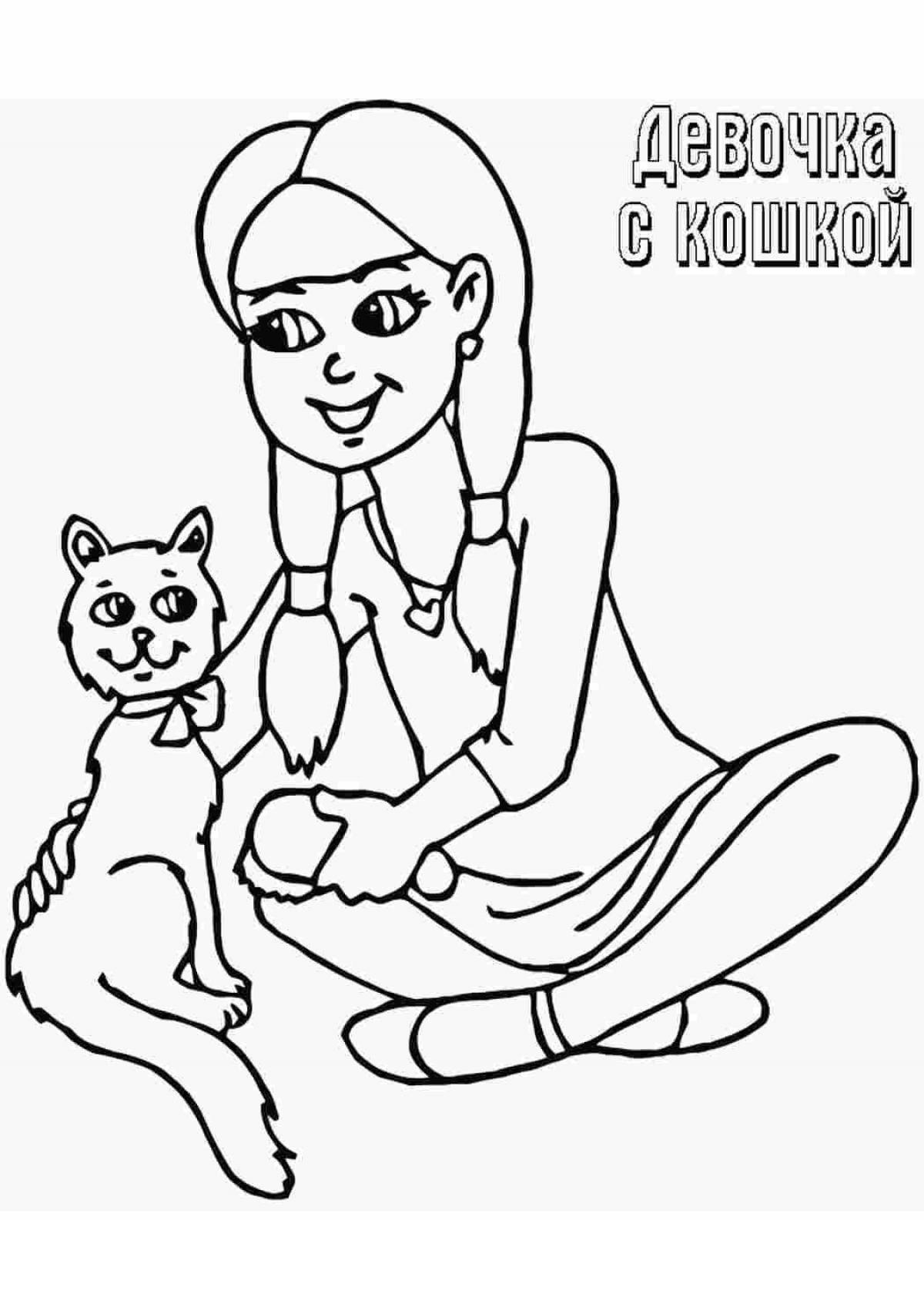 Energetic coloring girl with a cat