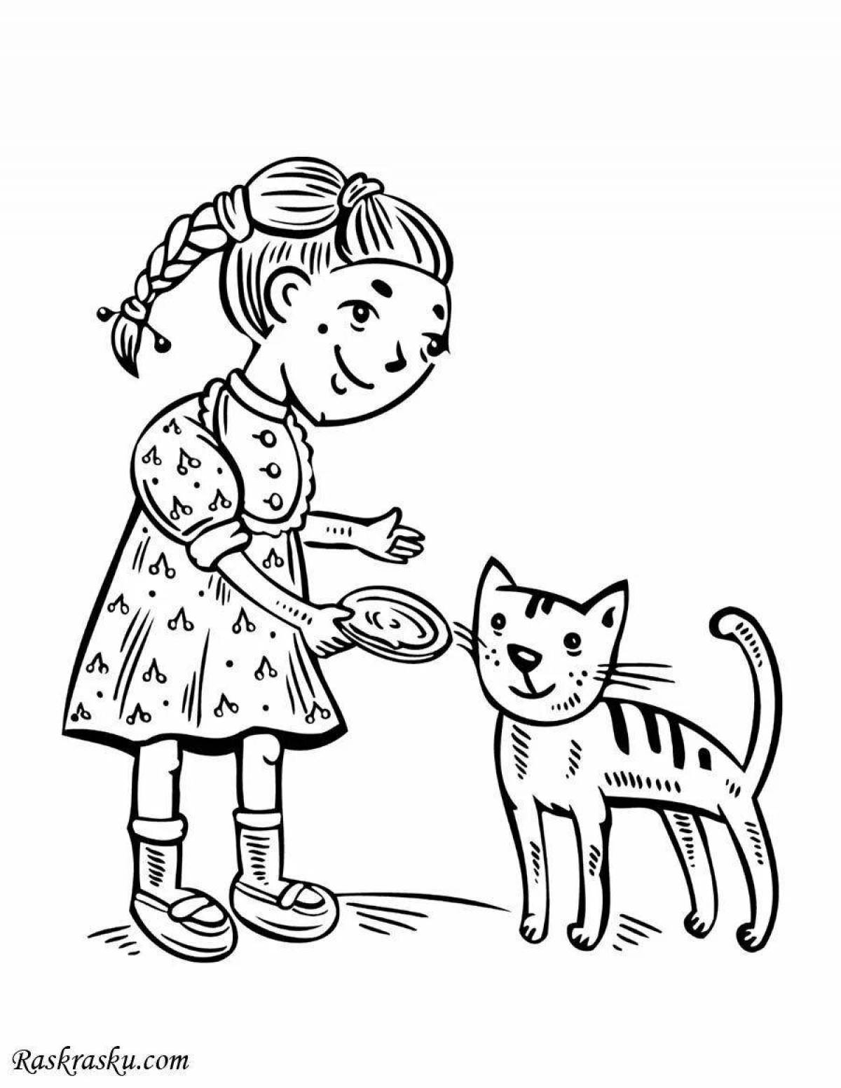 Serendipitous coloring page girl with a cat