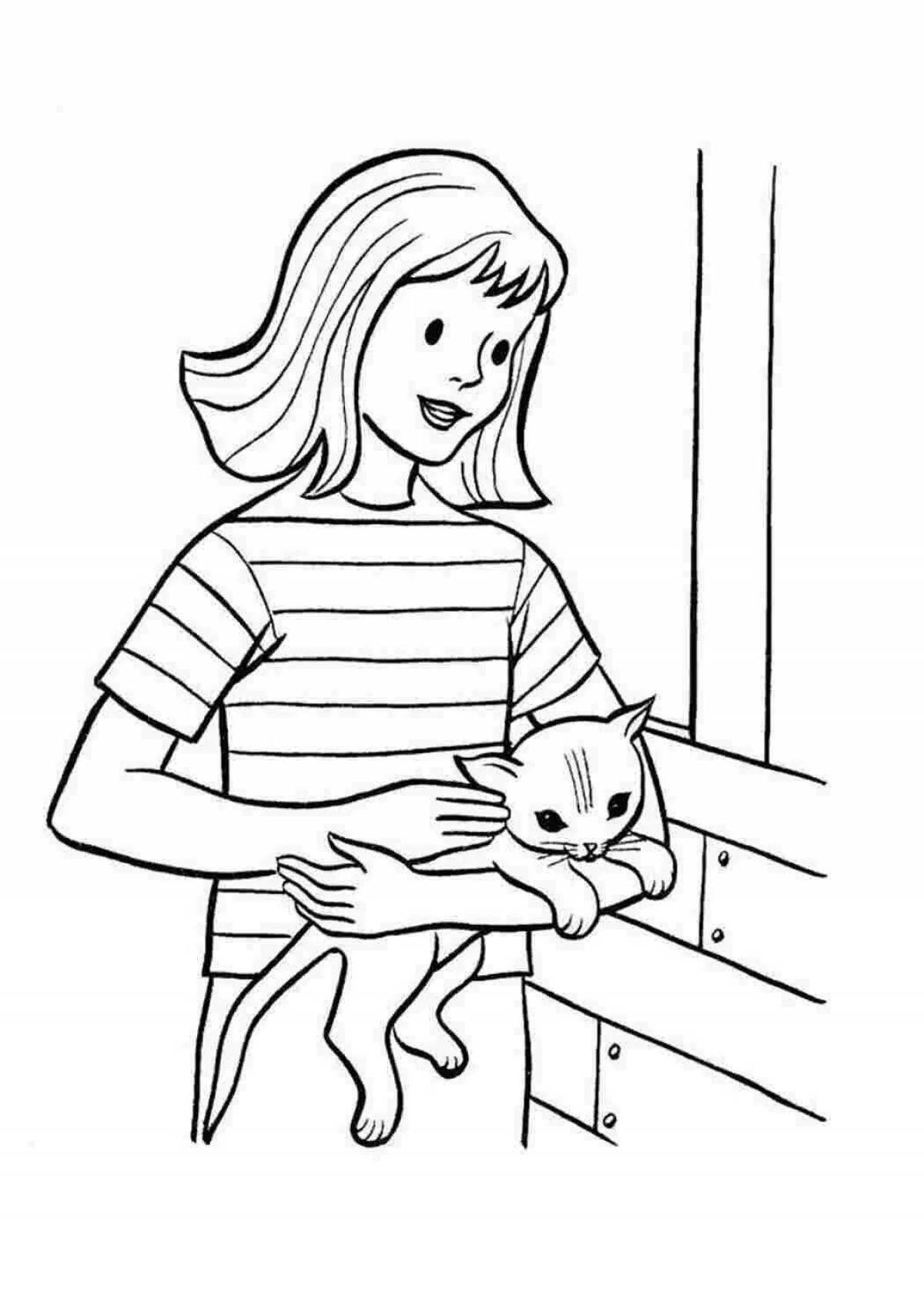 раскраска Девушка обнимает своего питомца, смешной котенок