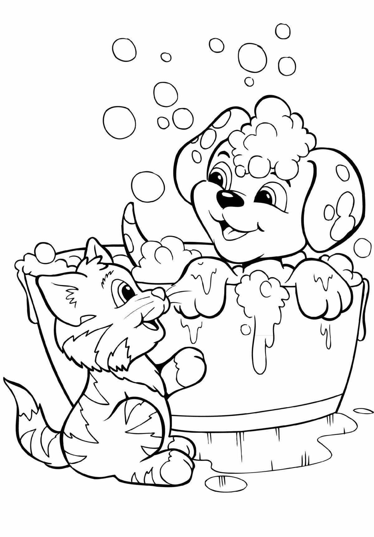 Coloring book mischievous kitten and dog