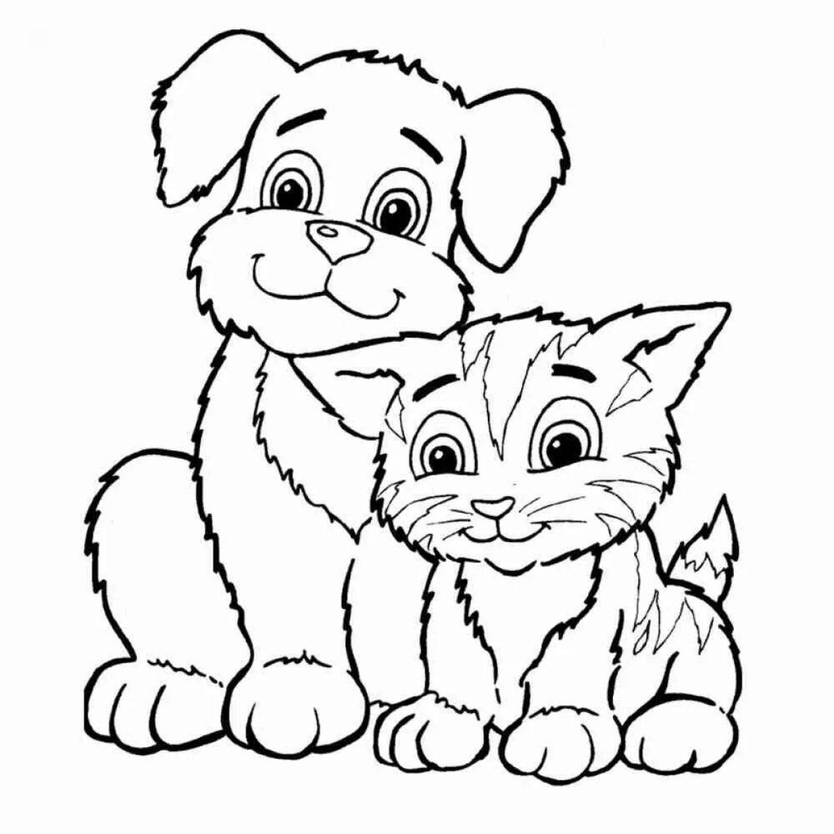Adorable kitten and dog coloring page