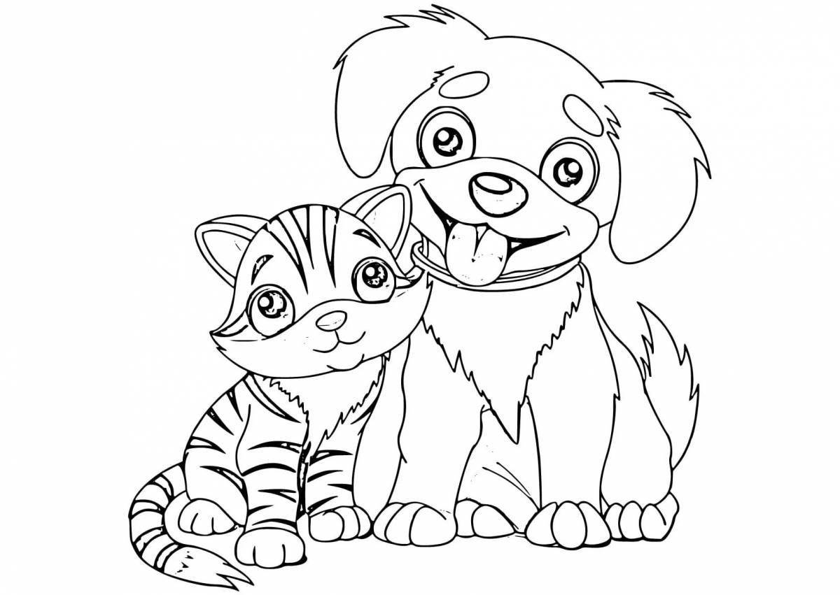 Анимированная страница раскраски котенка и собаки