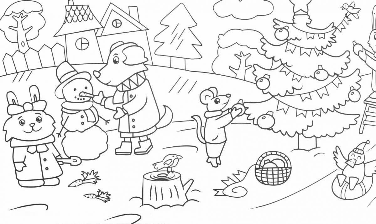 Animated senior winter group coloring page