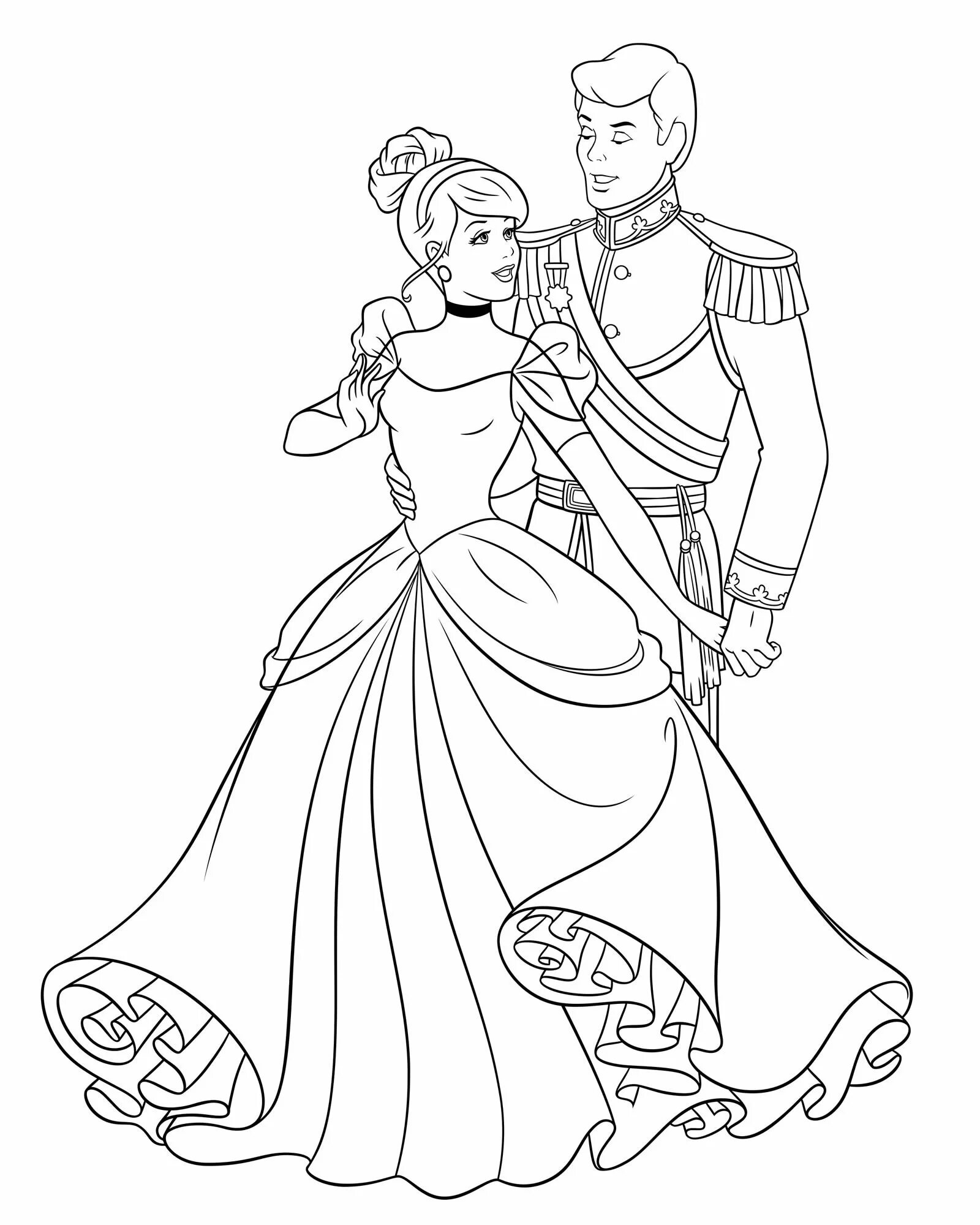 Coloring book luxurious Cinderella and Prince