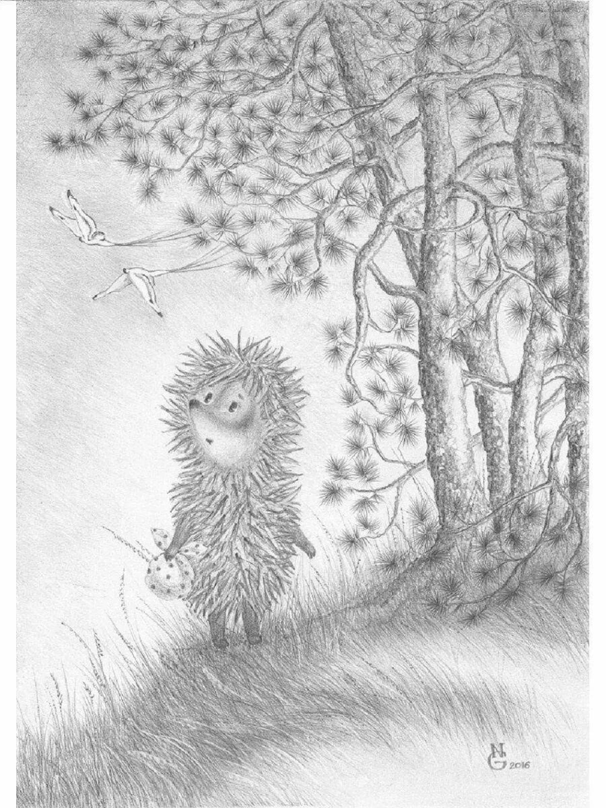 Charming coloring hedgehog in the fog