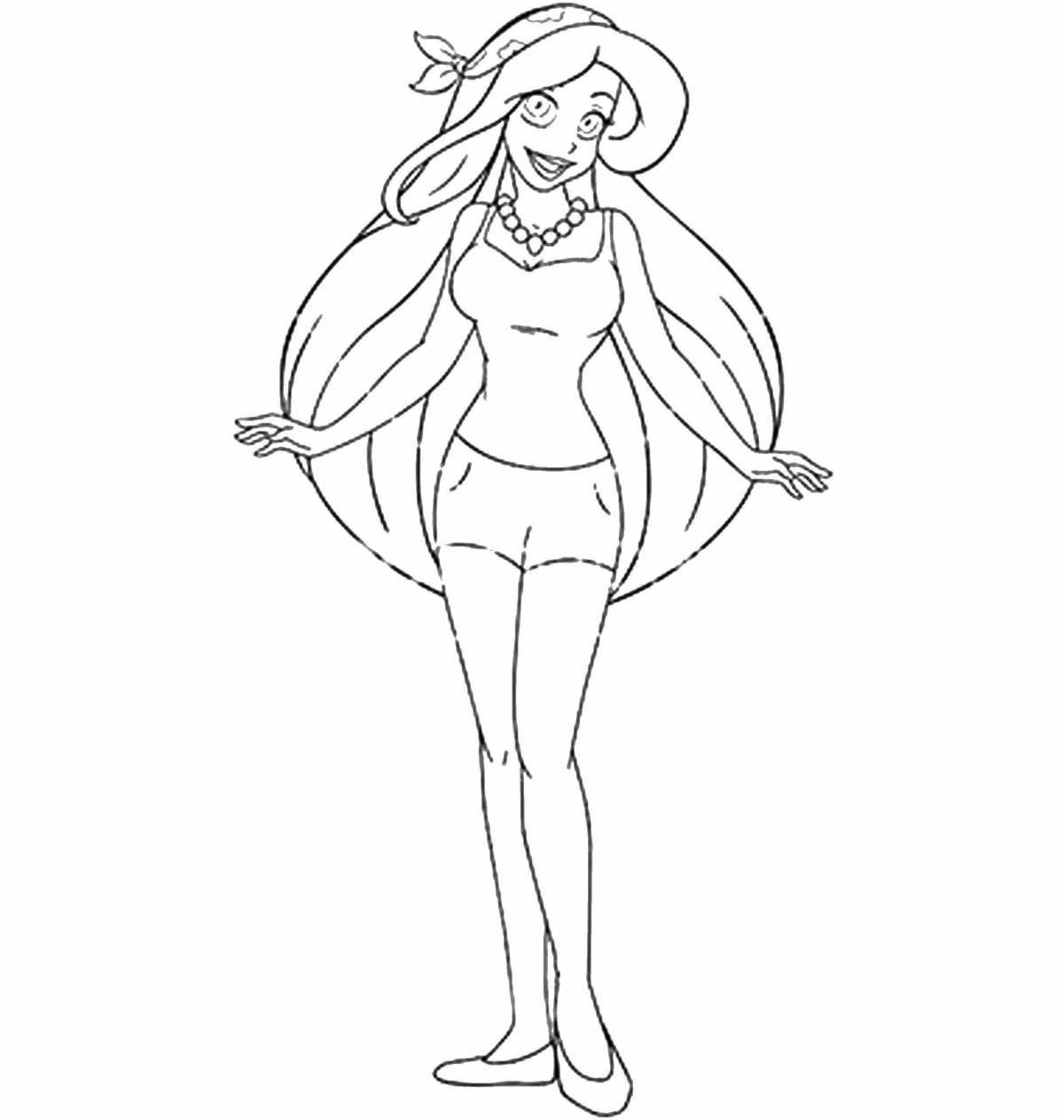 Coloring page energetic doll in a bathing suit