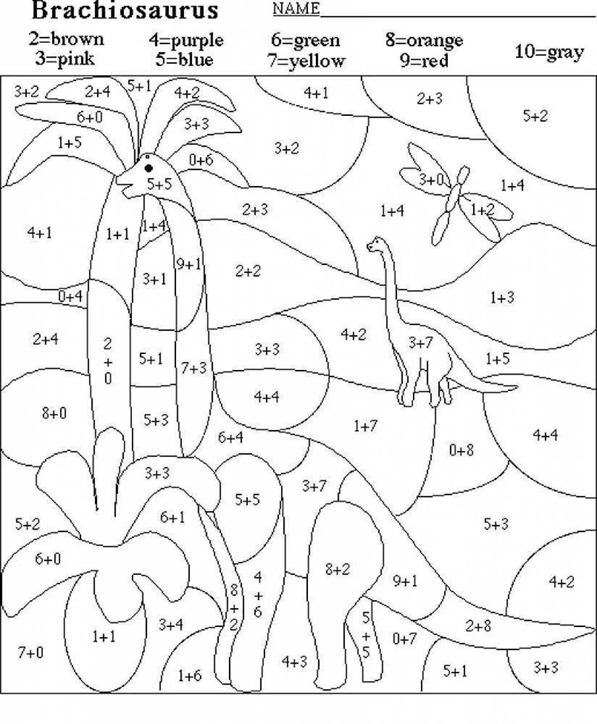 Coloring examples. Математическая раскраска динозавр. Раскраска счет. Математическая раскраска по цветам. Раскраска с примерами на английском.