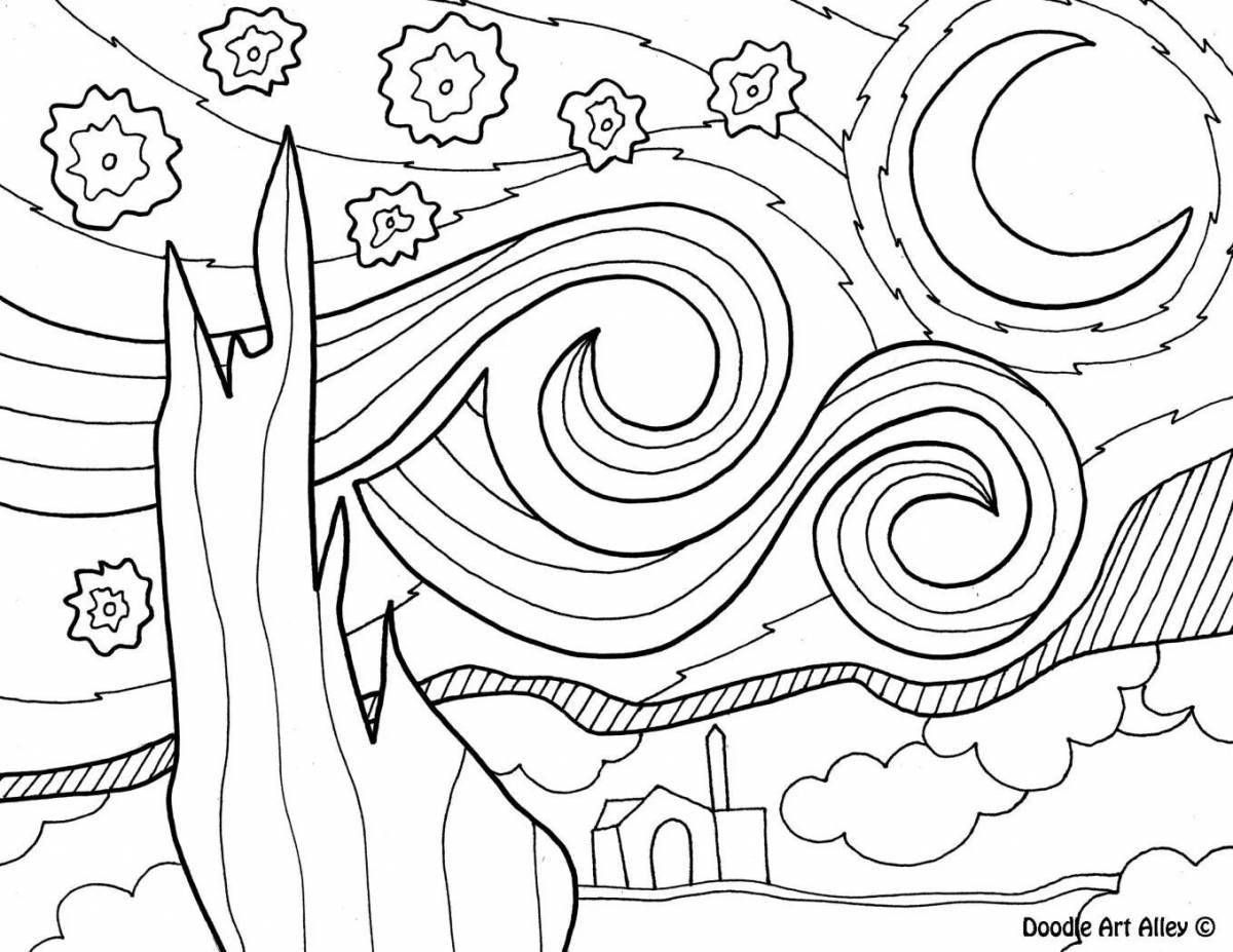 Van Gogh shining starry night coloring page