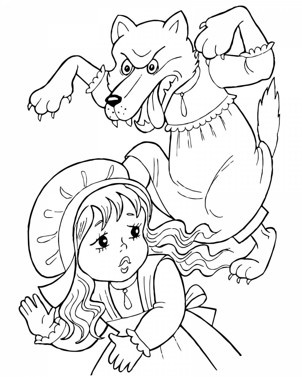 Coloring book majestic gray wolf and Little Red Riding Hood