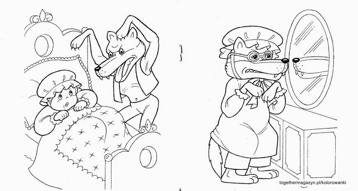 Coloring page charming gray wolf and little red riding hood