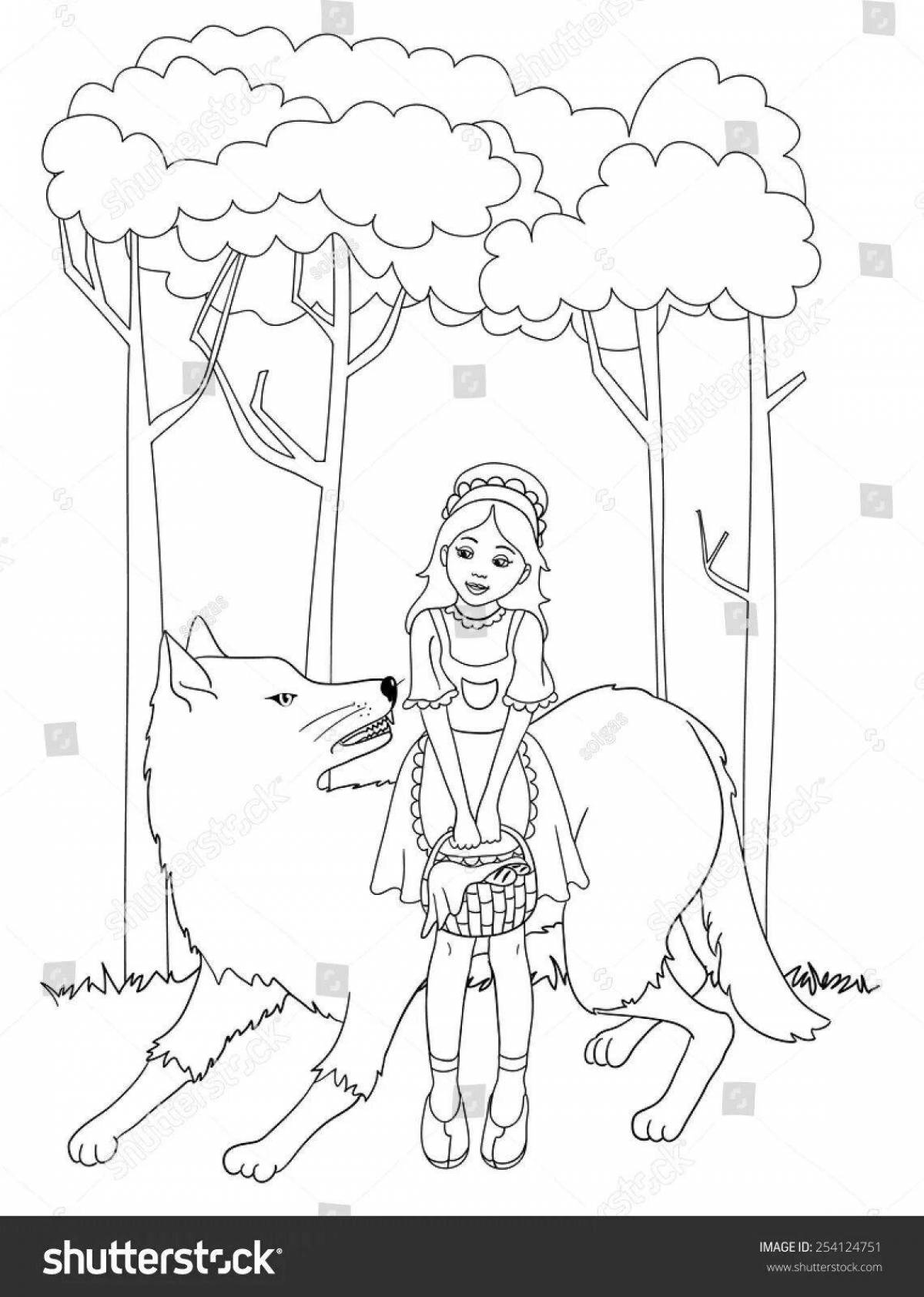 Coloring book playful gray wolf and little red riding hood