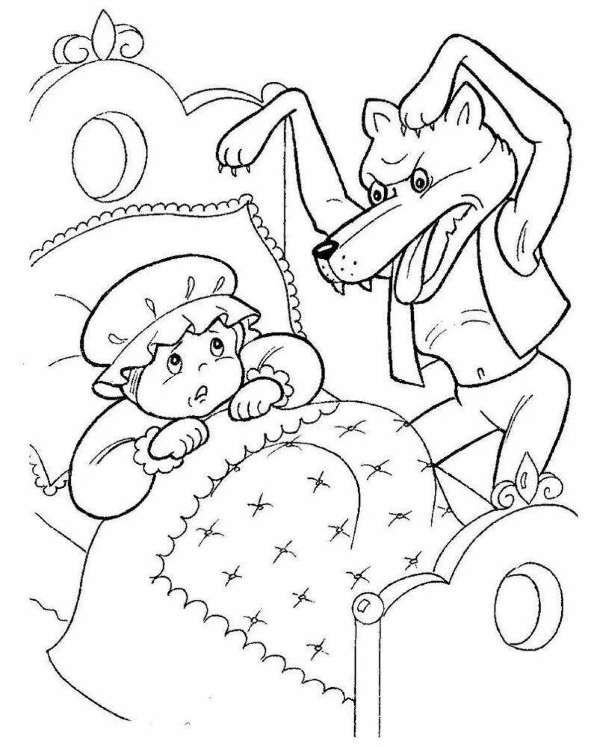 Coloring book magical gray wolf and little red riding hood
