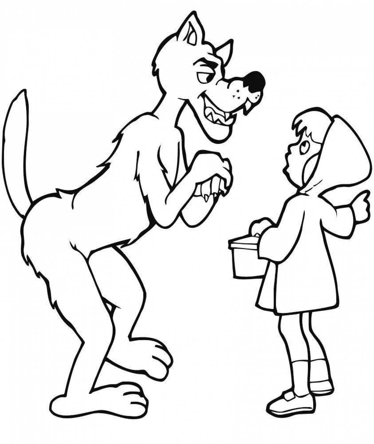 Coloring book bright gray wolf and Little Red Riding Hood