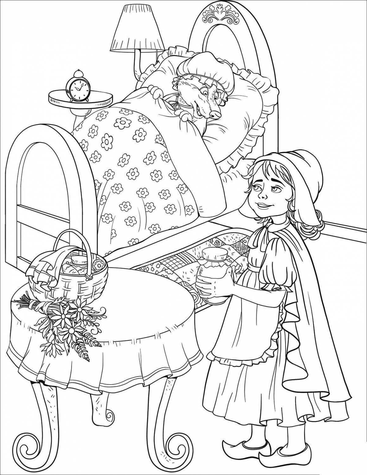 Coloring book funny gray wolf and Little Red Riding Hood