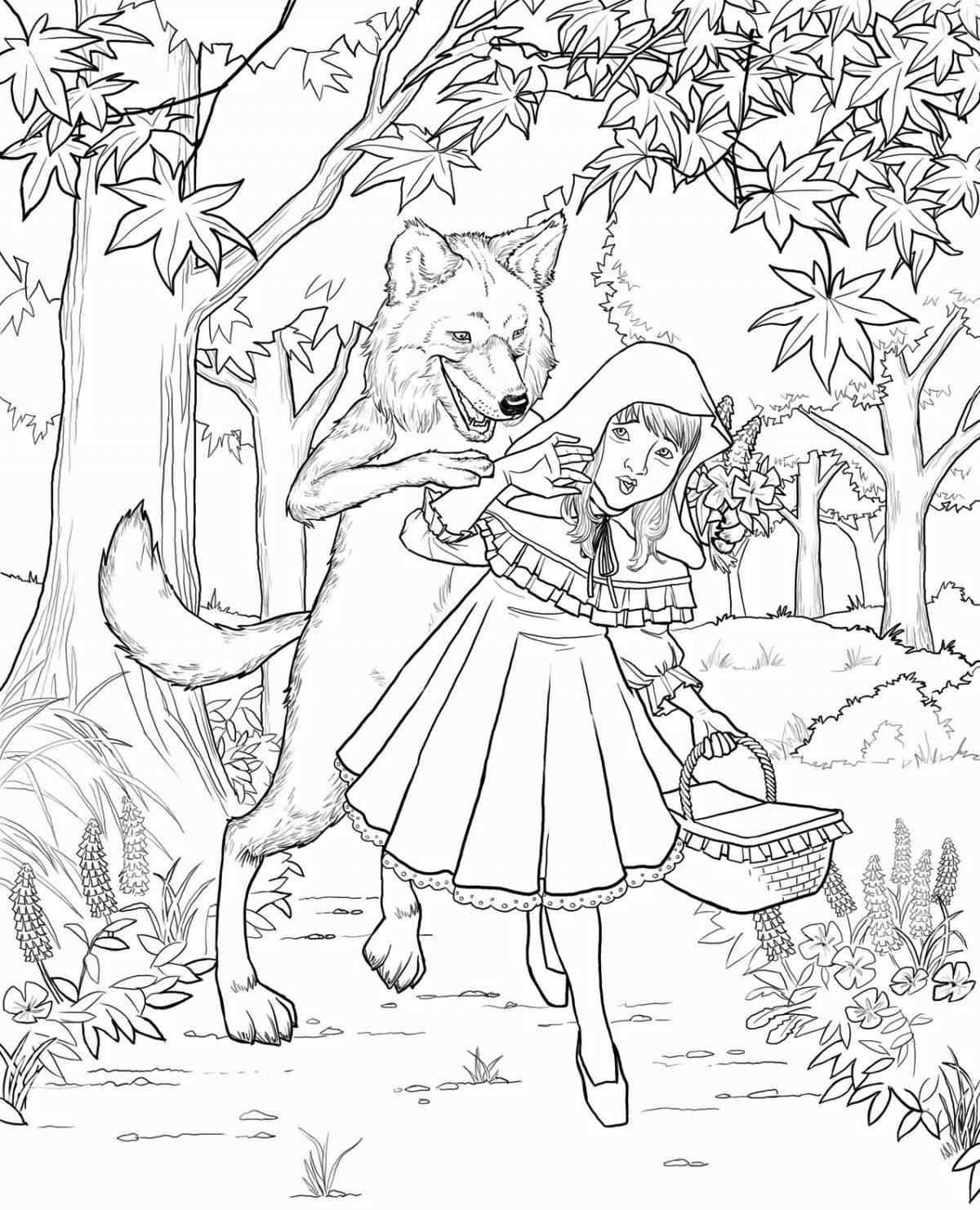 Coloring book cheerful gray wolf and little red riding hood