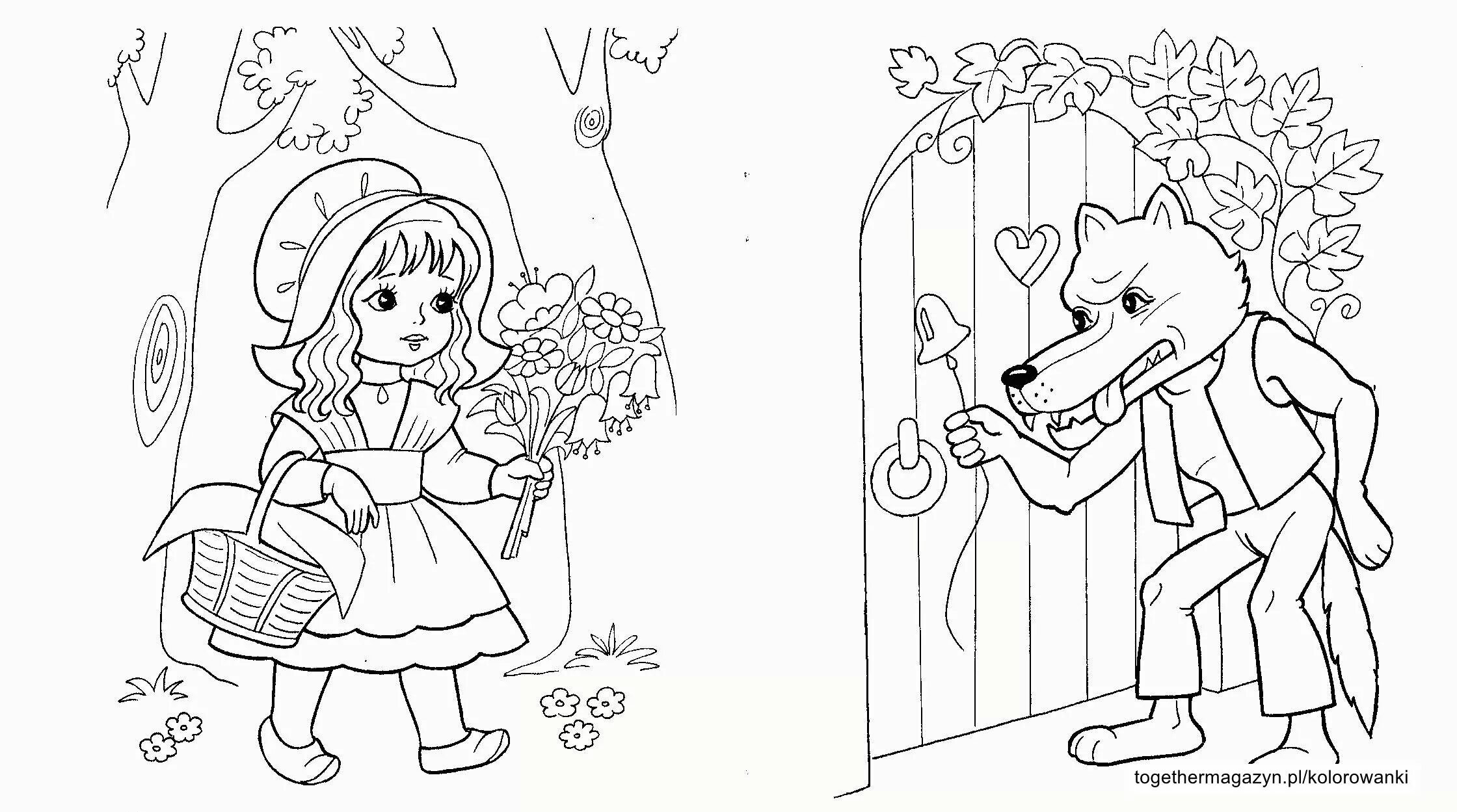 Witty gray wolf and Little Red Riding Hood coloring book