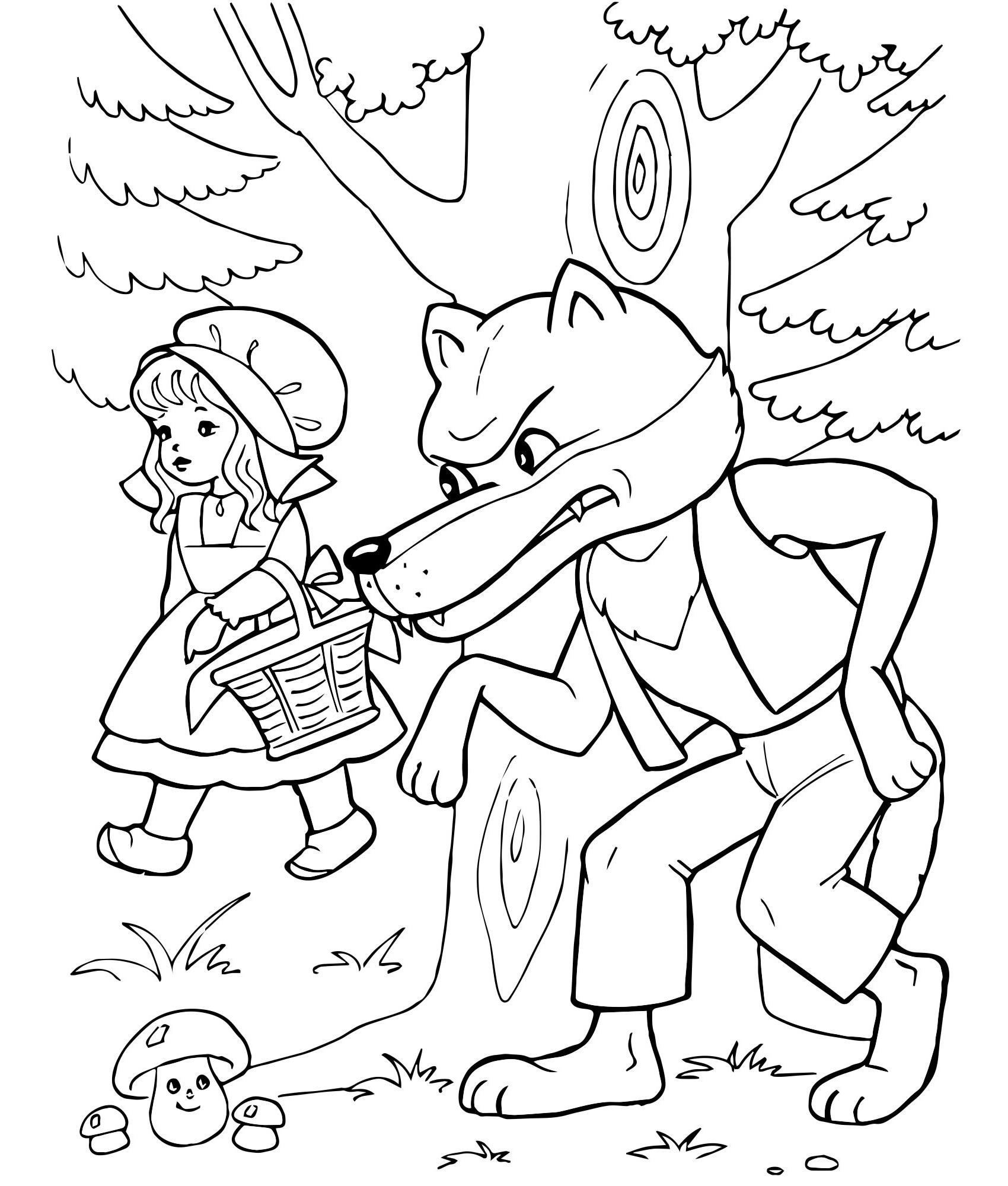Fancy gray wolf and Little Red Riding Hood coloring book