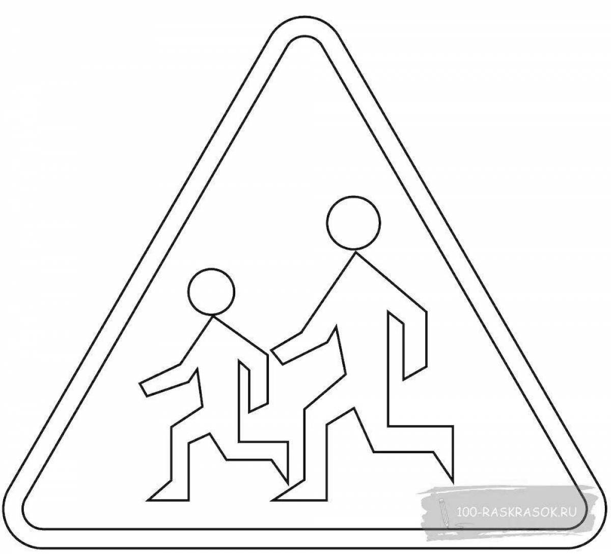 Colorful Caution Children Traffic Sign Coloring Page