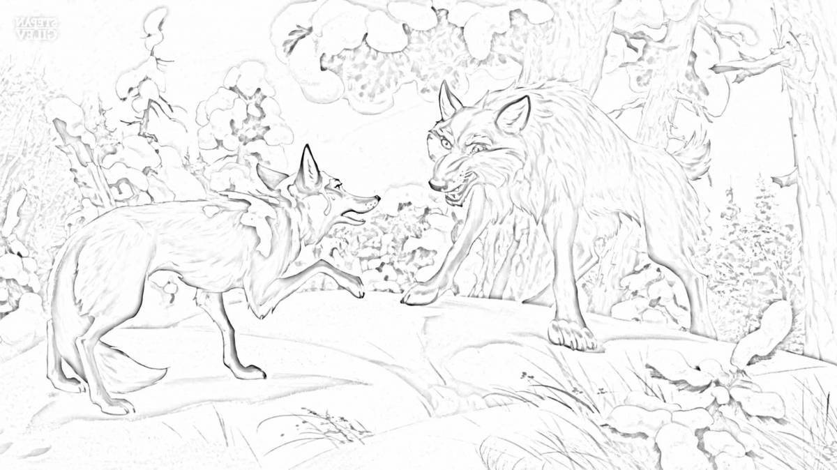 Radiant coloring page of fox sister and gray wolf