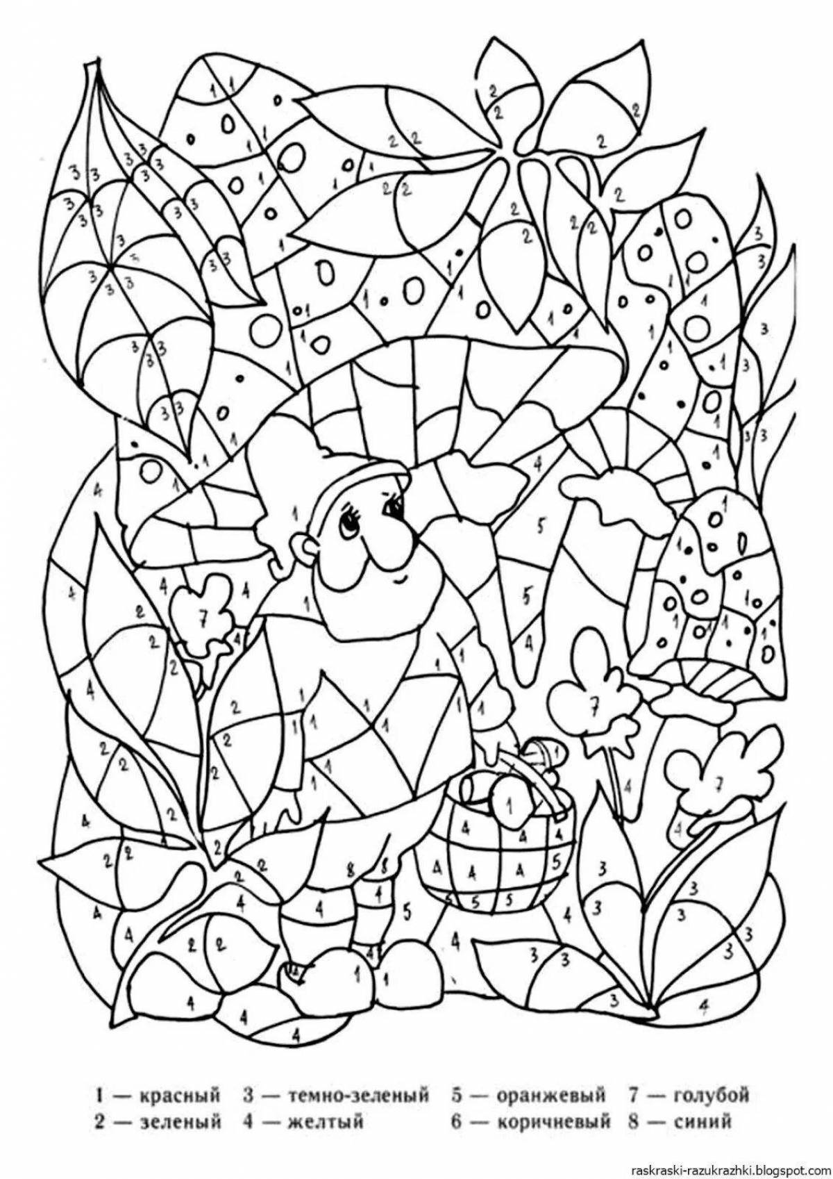 Colorful coloring book for children aged 8-9 with examples by numbers