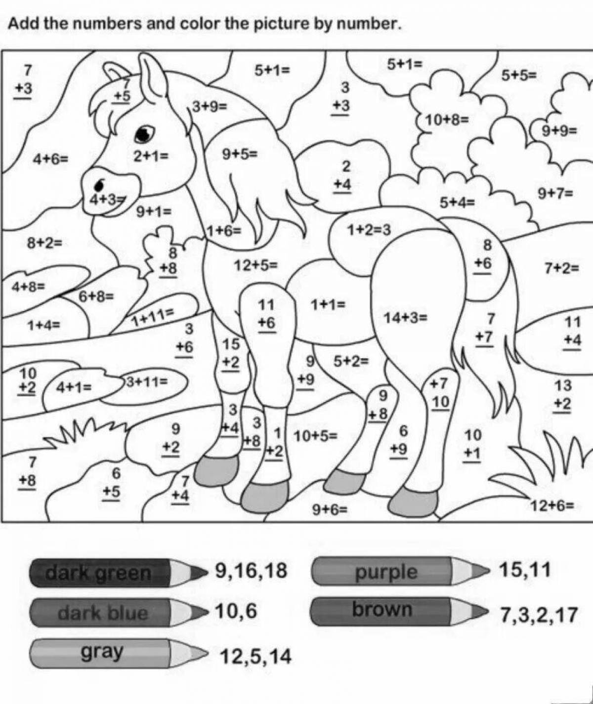 Bright coloring for children 8-9 years old with examples by numbers