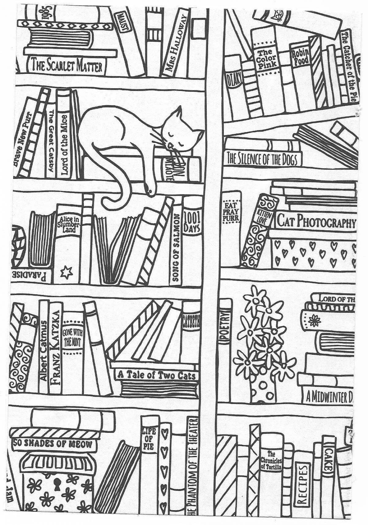 Intricate bookshelf coloring page