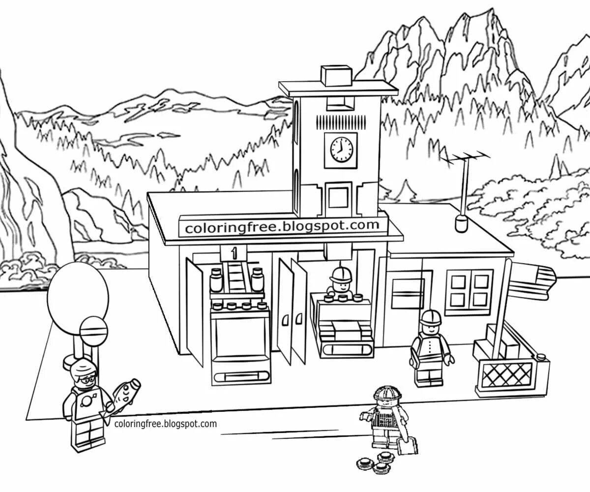 Colorful fire station coloring page
